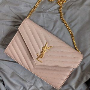 SAINT LAURENT YSL Medium Monogram Matelassé Leather Wallet-On-Chain Blush/Pink